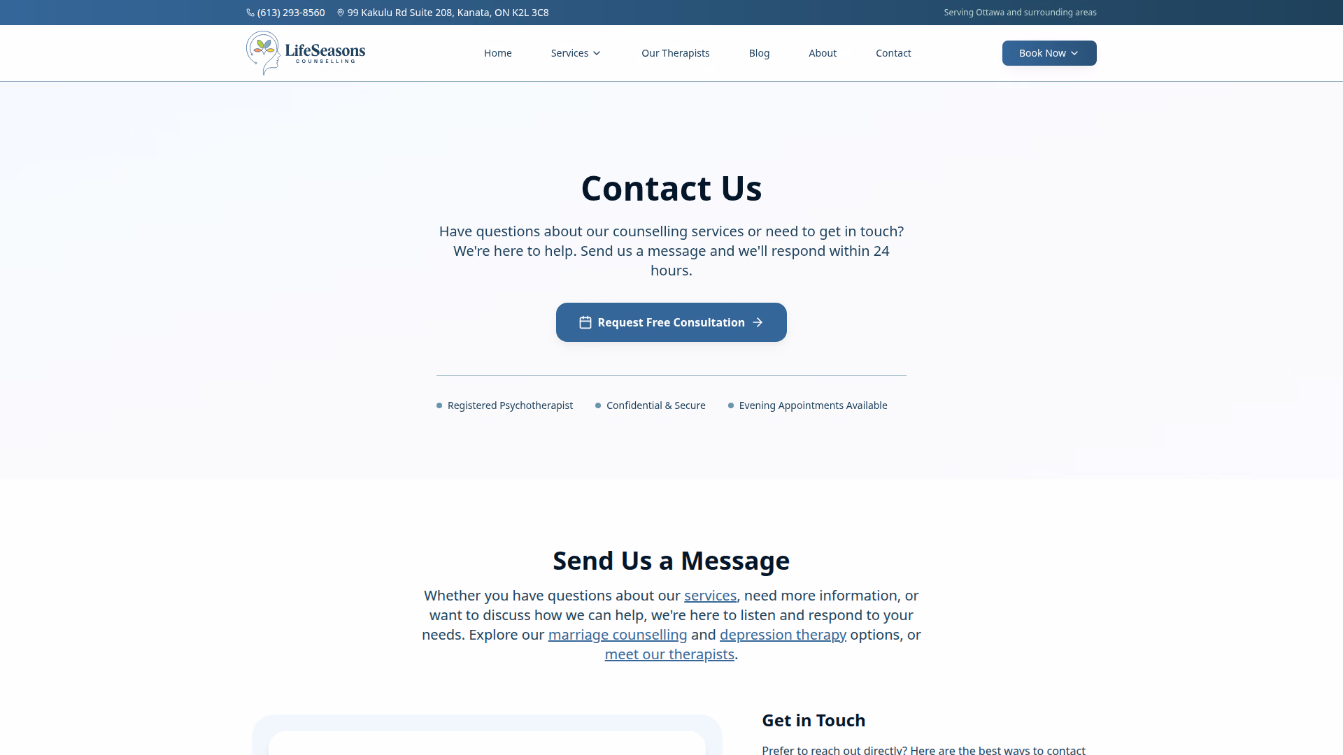 Life Seasons Counselling contact page (desktop)